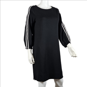 Chico's Black Knit Sweatshirt Shift Dress With Sporty White Striped 3/4 Sleeves